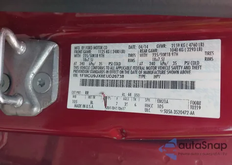 2014 Ford Escape Titanium z USA, uszkodzony, nr VIN 1FMCU9JX8EUD26738